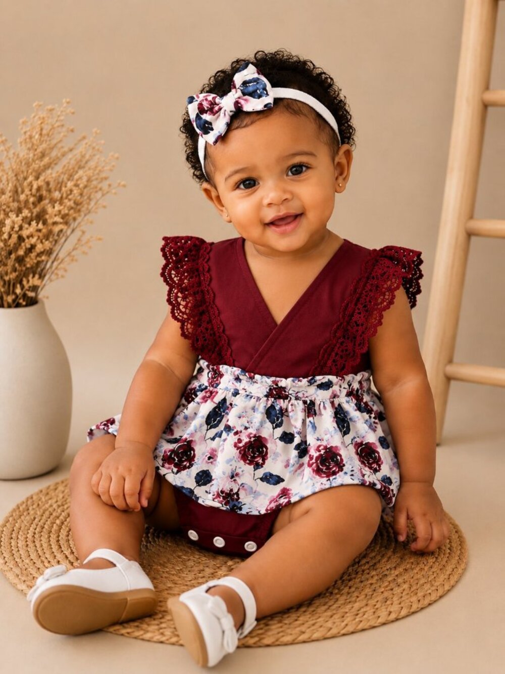 PatPat 6-12 Months Burgundy Lace Floral Romper Dress Baby Outfit